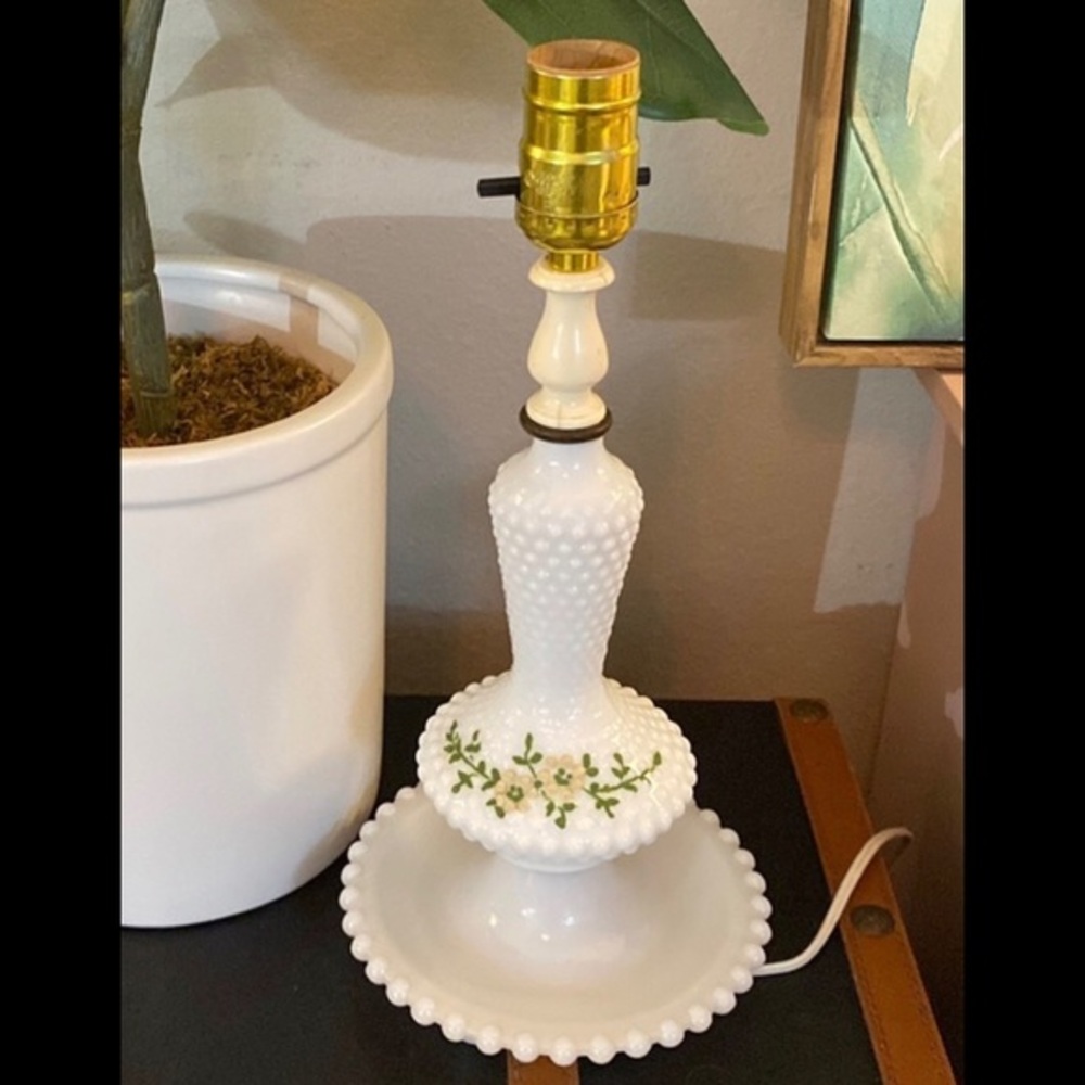Vintage Milk Glass Lamp - White Floral